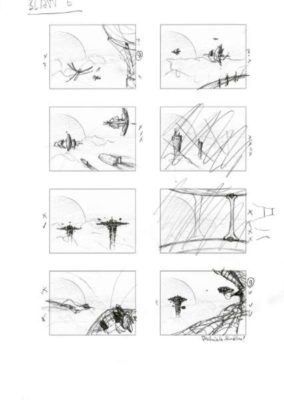 Ideenskizzen Blatt E, mit Minenstift bekritzelt.